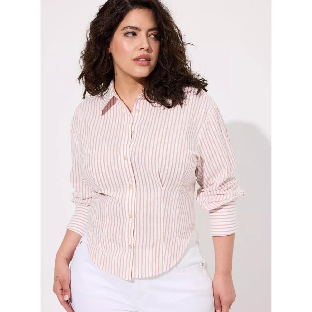 TORRID Cotton Crop Button Up Shirt Size 3X Dusty Rose Striped Smocked Back